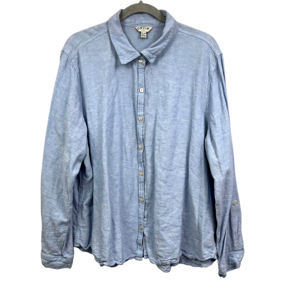 Orvis Womens Linen Blend Blouse Shirt Button Roll Tab Long Sleeve Blue Sz XXL*